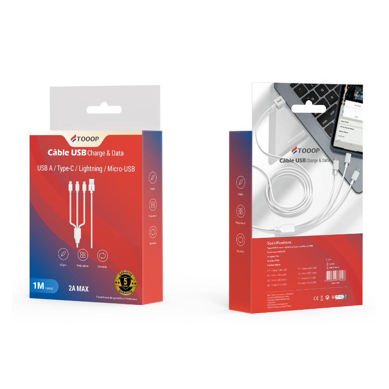 Câble de charge 3 en 1 Tooop | Milleproduits.com : vos bonbons et chocolats préférés à prix grossiste