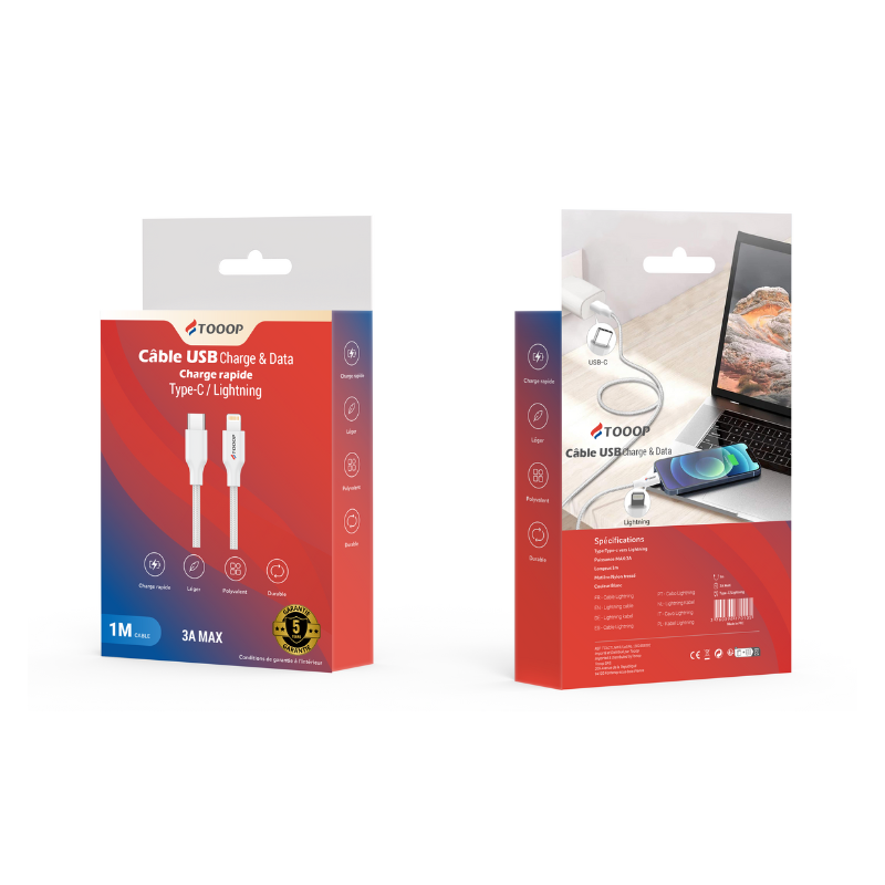 Cable type C/Lightning (Iphone) Tooop 1 mètre | Milleproduits.com : vos bonbons et chocolats préférés à prix grossiste !