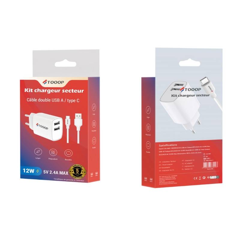Chargeur mural double USB A et Type C Tooop | Milleproduits.com : vos bonbons et chocolats préférés à prix grossiste !