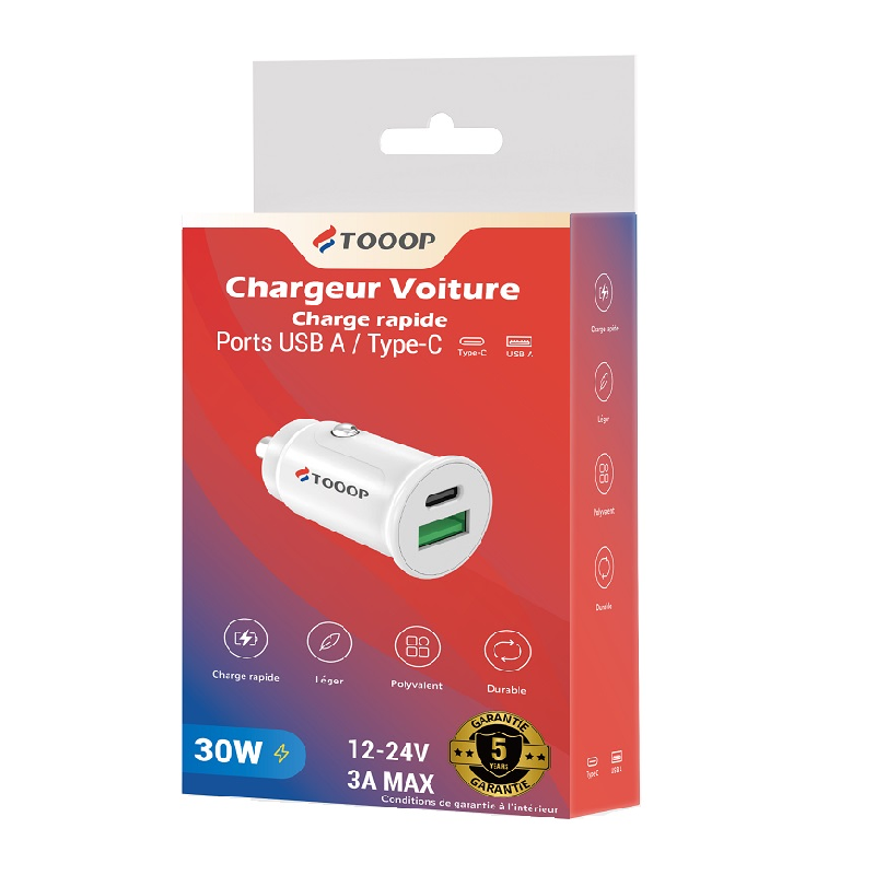 Chargeur auto USB A et Type C Tooop | Milleproduits.com : vos bonbons et chocolats préférés à prix grossiste !