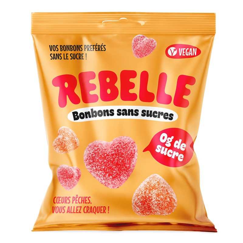 12 Sachets Rebelle Coeur de Pêche 50g | Milleproduits.com : bonbons, chocolats, snacks en ligne à prix grossiste